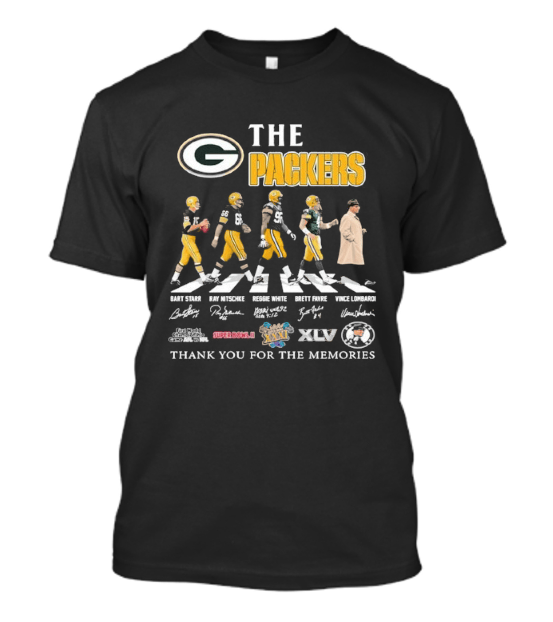 The Packers Abbey Road Thank You For The Memories Signatures Super Bowl XVI XVII XXXI XLV T-Shirt