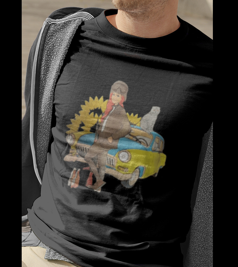 Woman Soldier With Cat On Vintage Car And Sunflowers T-Shirt