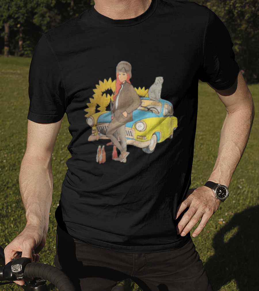 Woman Soldier With Cat On Vintage Car And Sunflowers T-Shirt