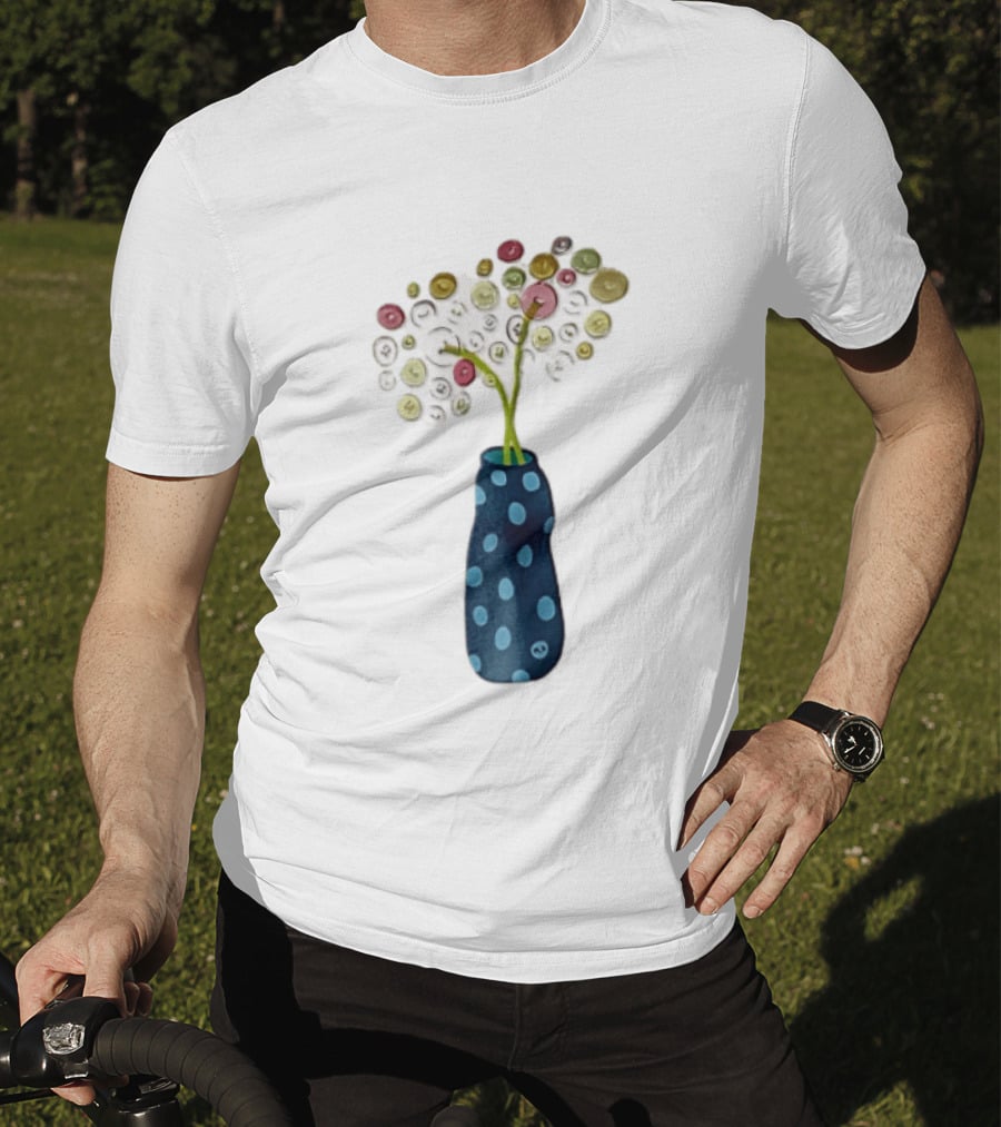 Polka Dot Vase With Colorful Button Flowers T-Shirt