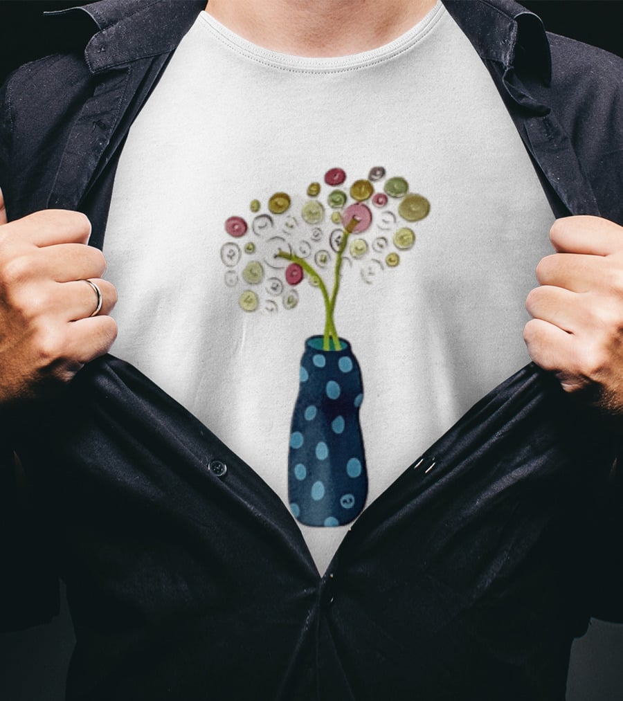 Polka Dot Vase With Colorful Button Flowers T-Shirt