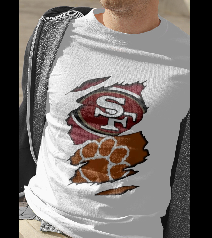 San Francisco 49ers SF And Clemson Tigers Paw Ripped Fabric T-Shirt