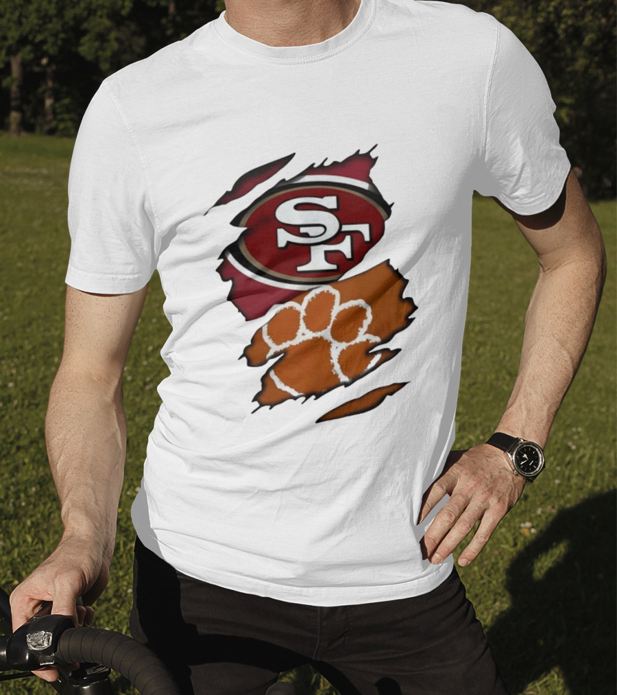San Francisco 49ers SF And Clemson Tigers Paw Ripped Fabric T-Shirt