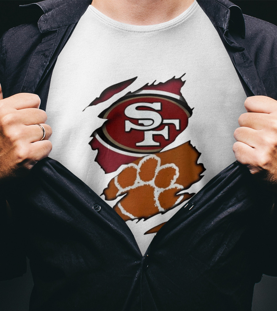 San Francisco 49ers SF And Clemson Tigers Paw Ripped Fabric T-Shirt