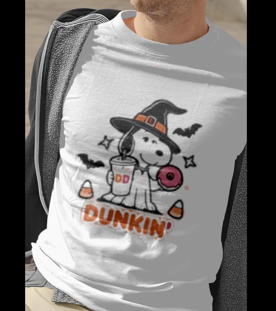 Snoopy Dunkin Donuts Halloween Witch Doughnut Coffee Cup Bats Candy Corn T-Shirt