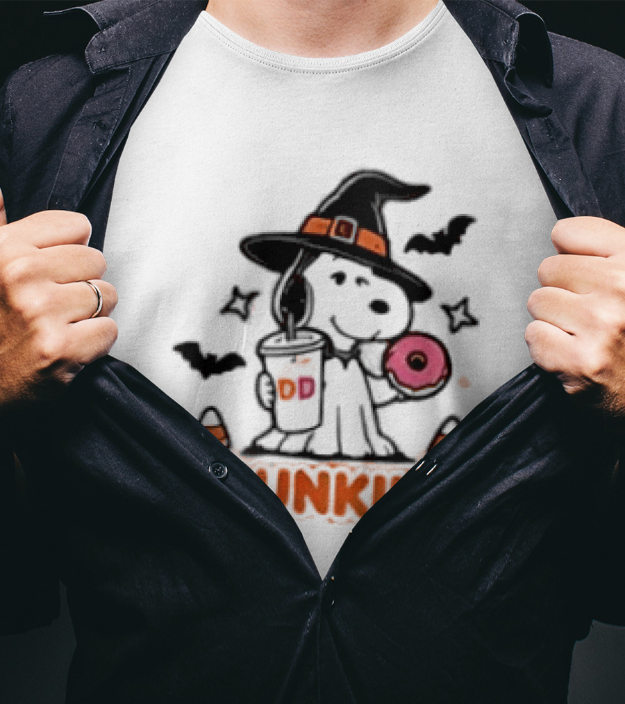 Snoopy Dunkin Donuts Halloween Witch Doughnut Coffee Cup Bats Candy Corn T-Shirt