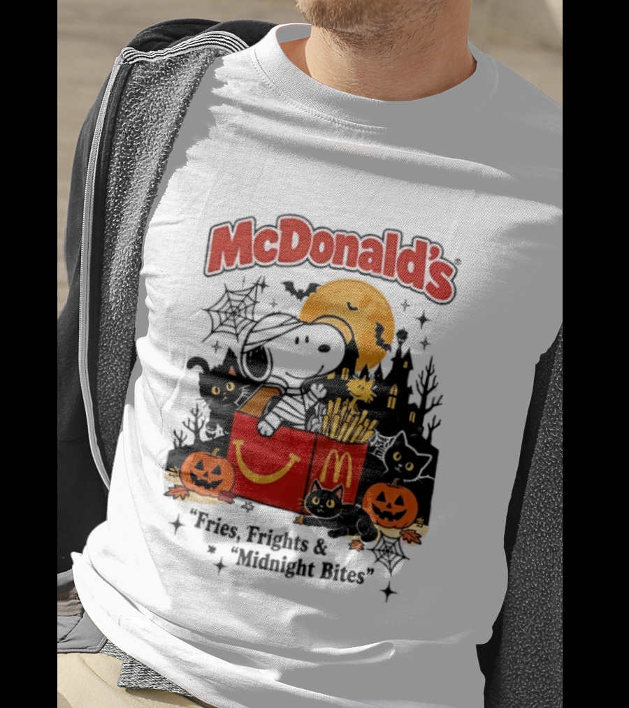 Snoopy McDonald's Halloween Fires Frights Midnight Bites Pumpkin Black Cat Moon T-Shirt