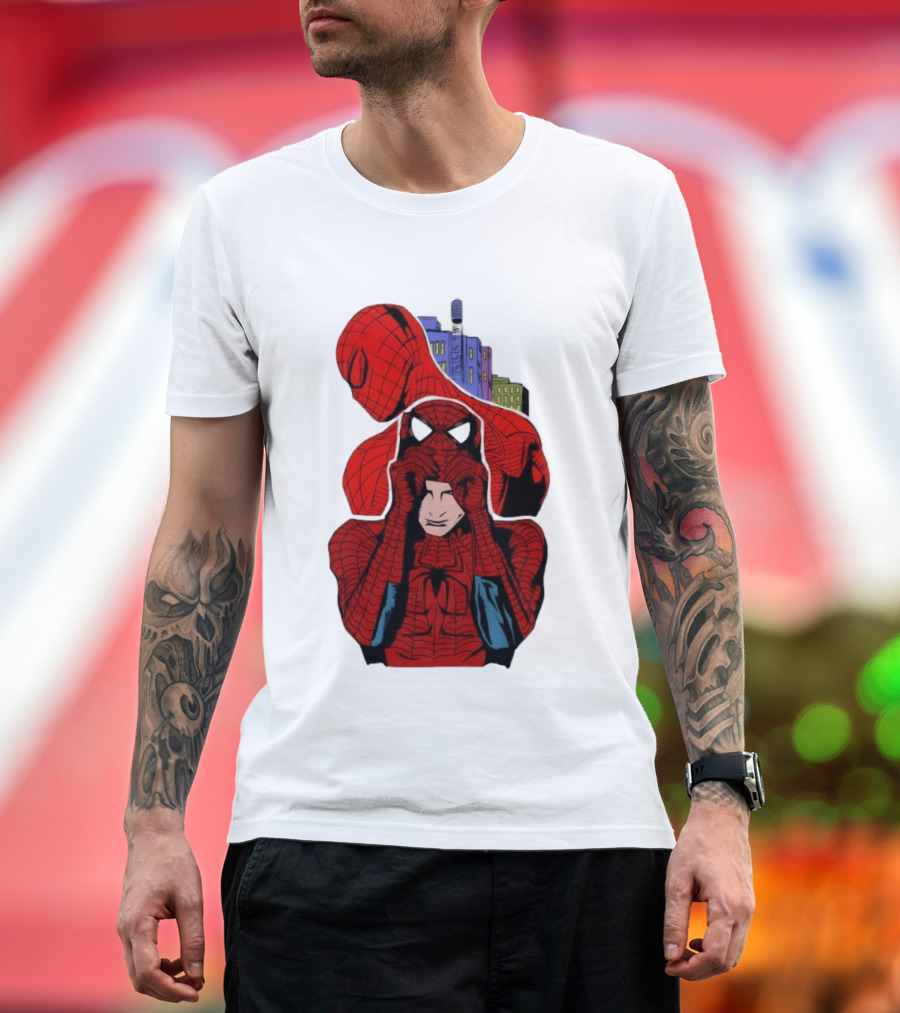Marvel Spider Man Peter Parker Cityscape Collage T-Shirt