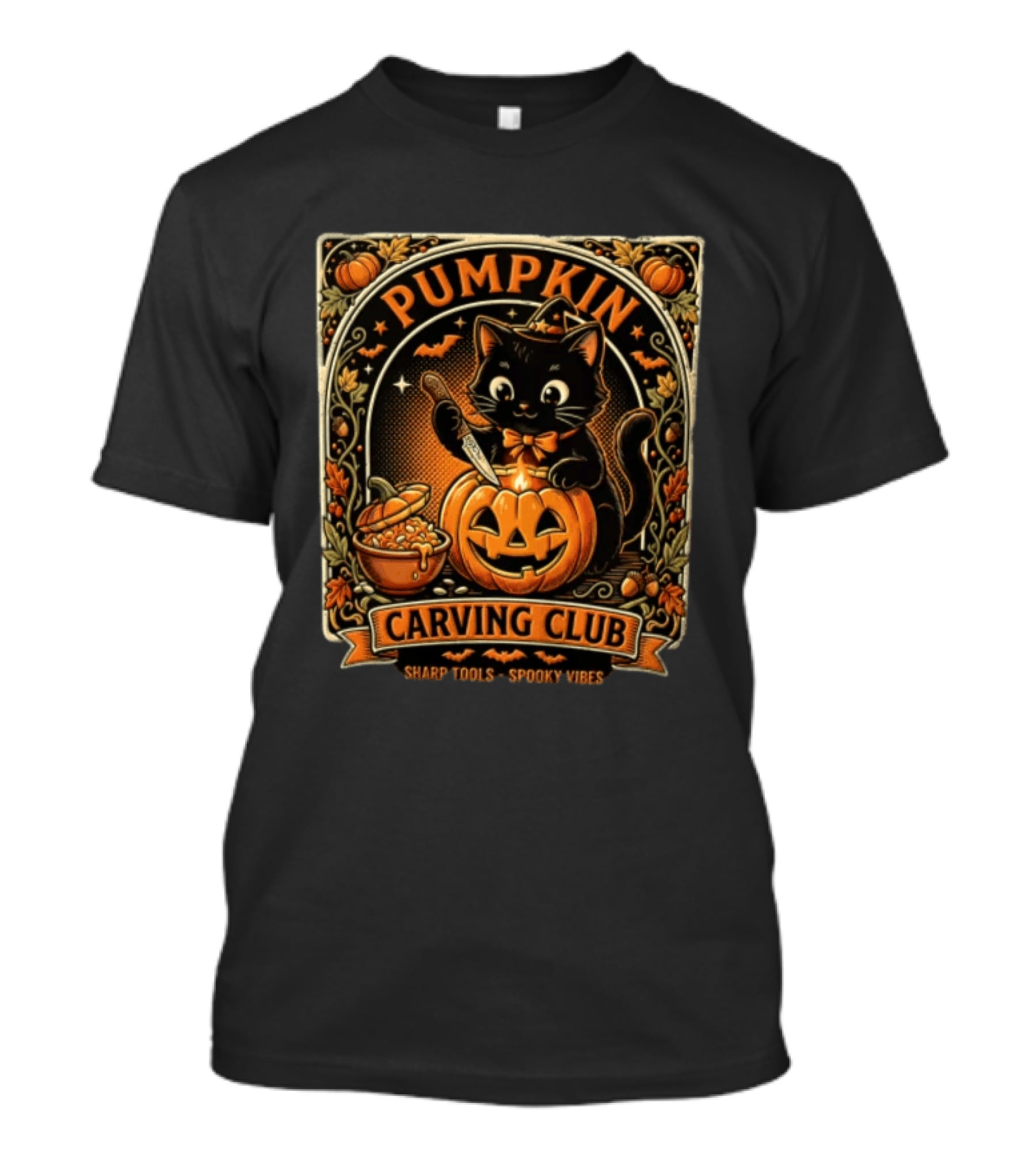 Pumpkin Carving Club Black Cat Sharp Tools Spooky Vibes T-Shirt