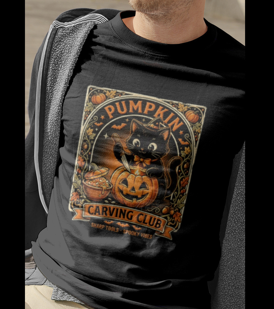Pumpkin Carving Club Black Cat Sharp Tools Spooky Vibes T-Shirt