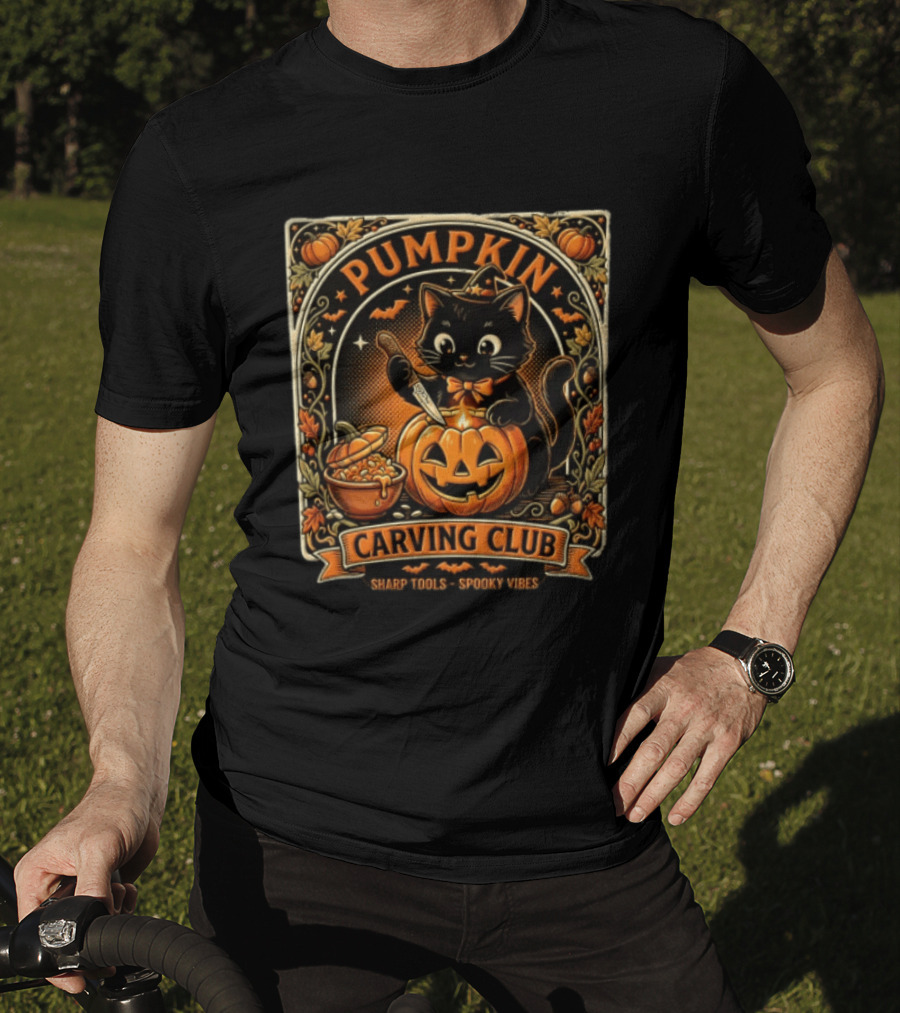 Pumpkin Carving Club Black Cat Sharp Tools Spooky Vibes T-Shirt