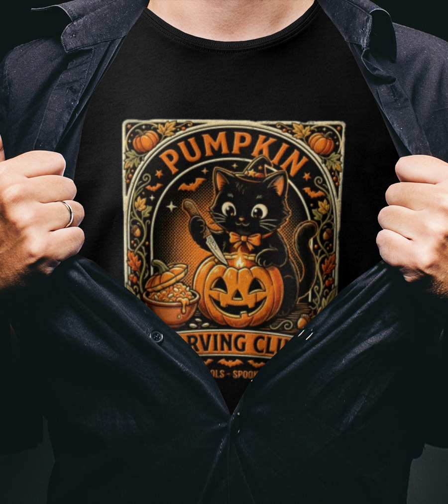 Pumpkin Carving Club Black Cat Sharp Tools Spooky Vibes T-Shirt