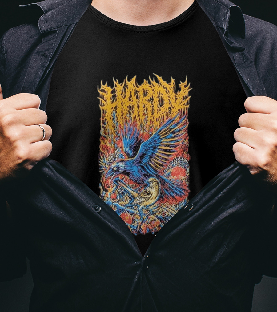 Hardy Blue And Yellow Birds With Fruit In Fiery Scene T-Shirt