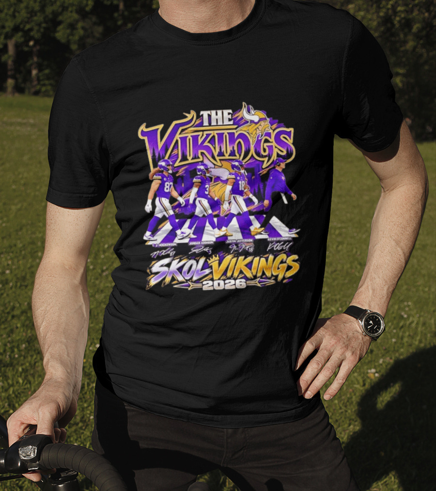 Minnesota Vikings Skol Vikings Abbey Road 2026 T. J. Hockenson Justin Jefferson Kevin O'Connell T-Shirt