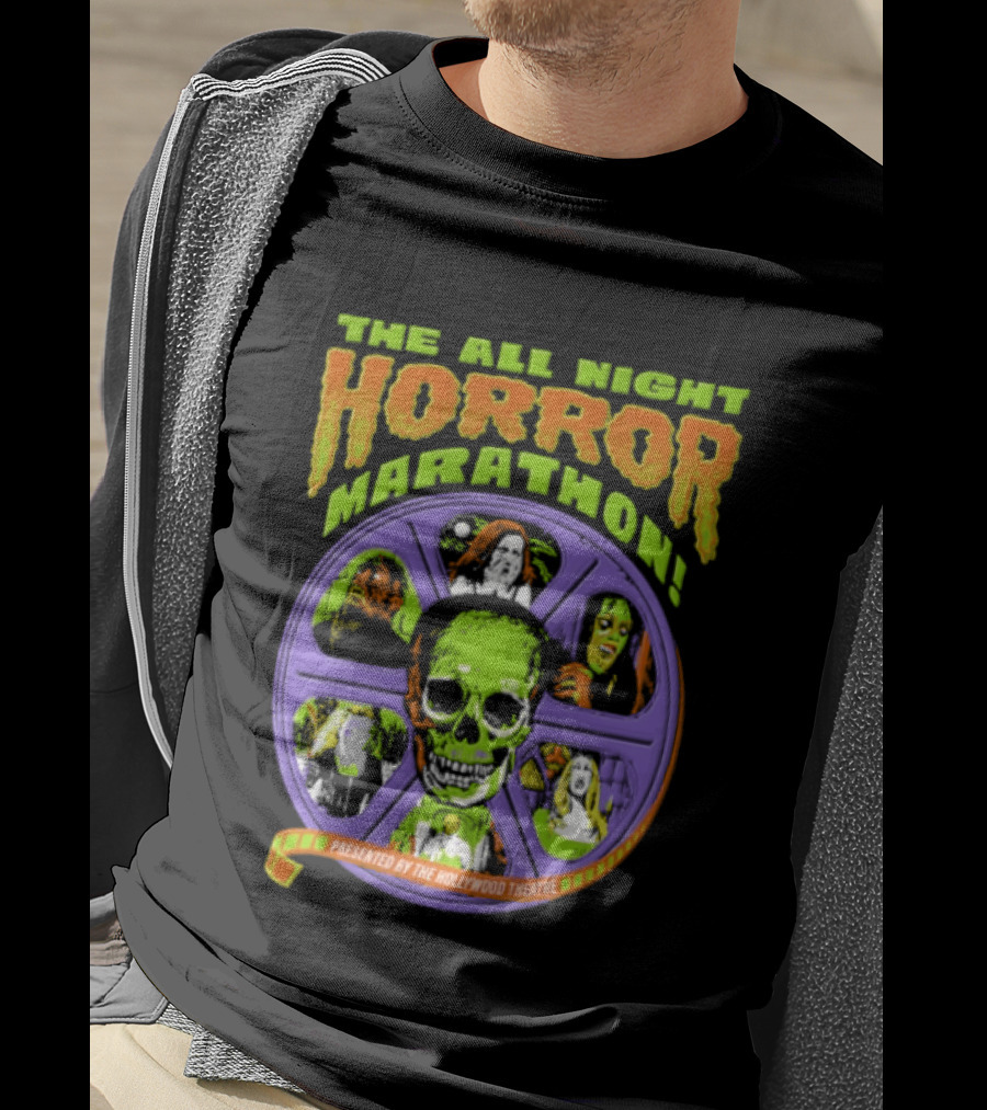 The All Night Horror Marathon Presented By The Hollywood Theatre Skulls And Monster Faces 2026 T-Shirt