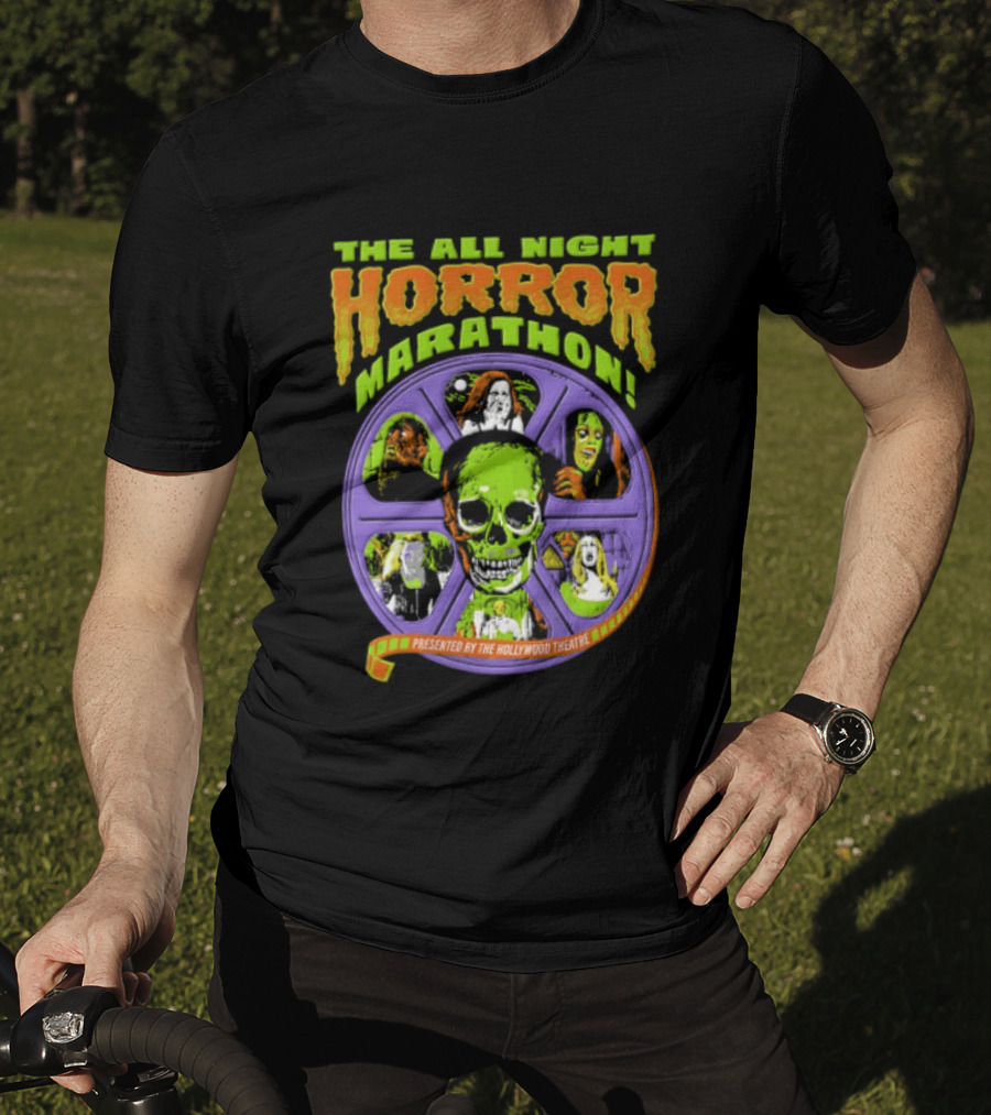 The All Night Horror Marathon Presented By The Hollywood Theatre Skulls And Monster Faces 2026 T-Shirt