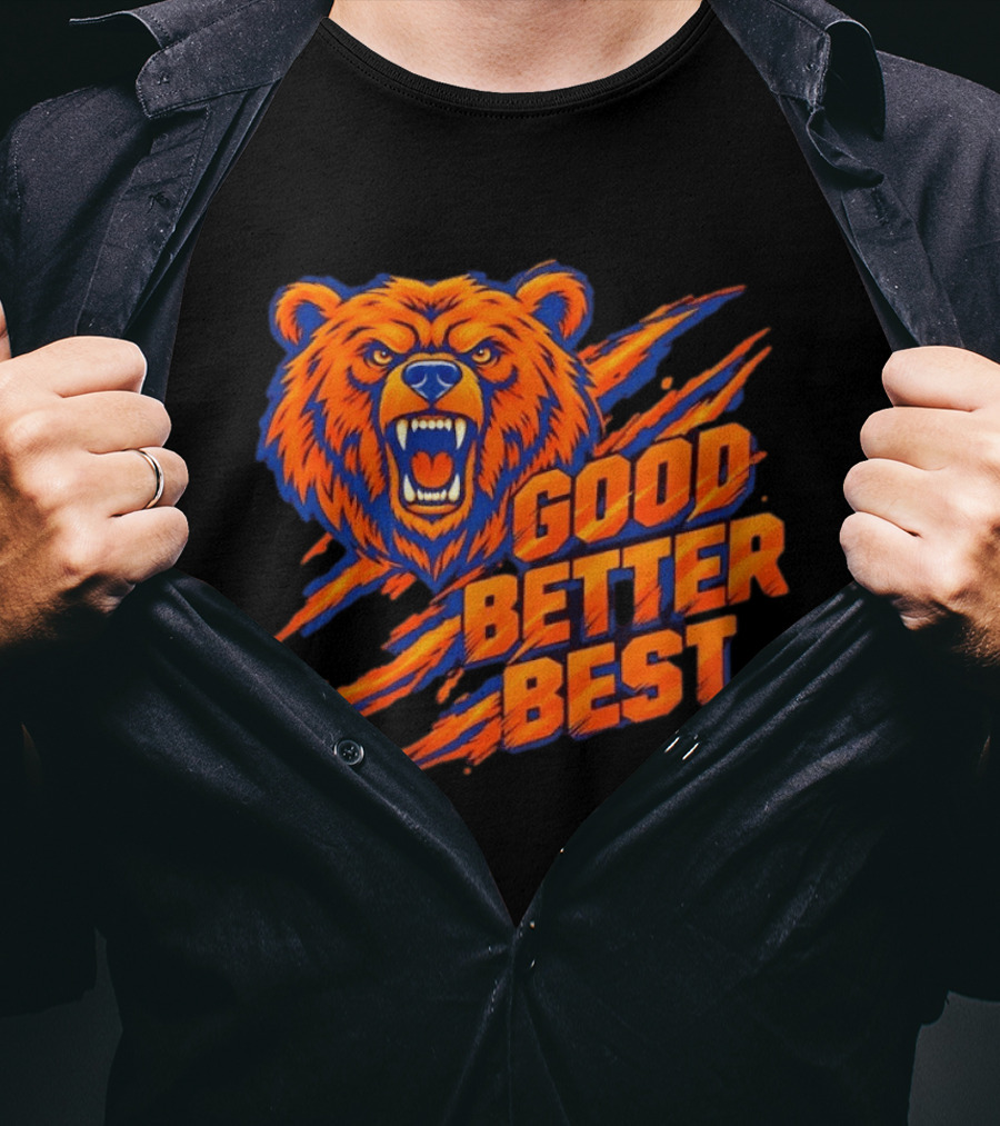Good Better Best Grizzly Bear Claw Scratch Roaring Face Orange Blue T-Shirt