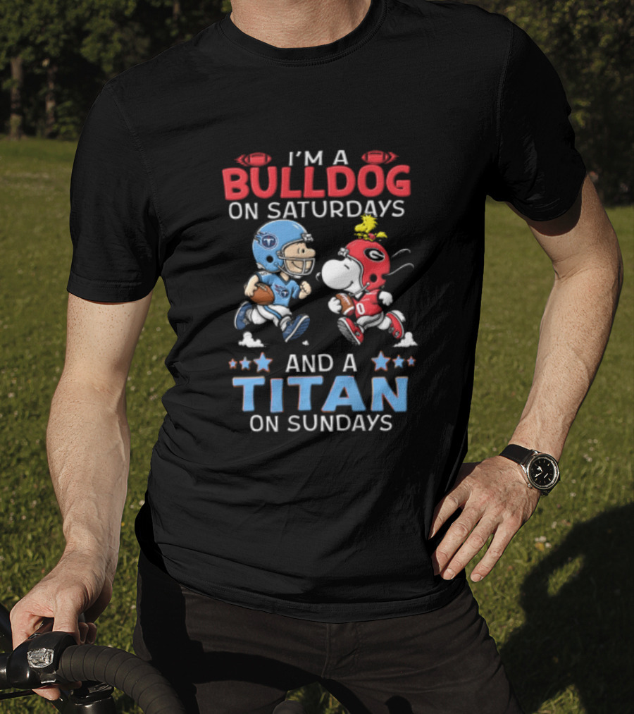 I'm A Bulldog On Saturdays And A Titan On Sundays Charlie Brown Snoopy Woodstock T-Shirt