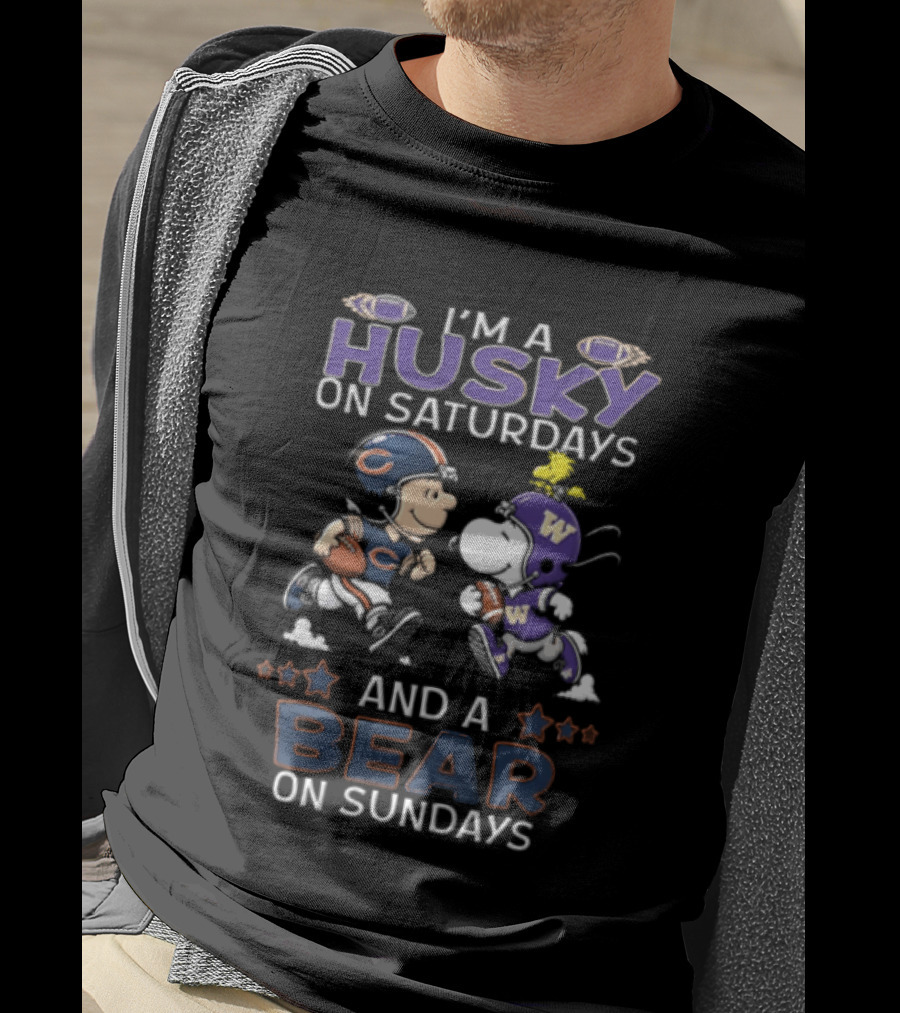 Charlie Brown Snoopy Woodstock I'm A Husky On Saturdays Bear On Sundays NCAAF Peanuts Football T-Shirt