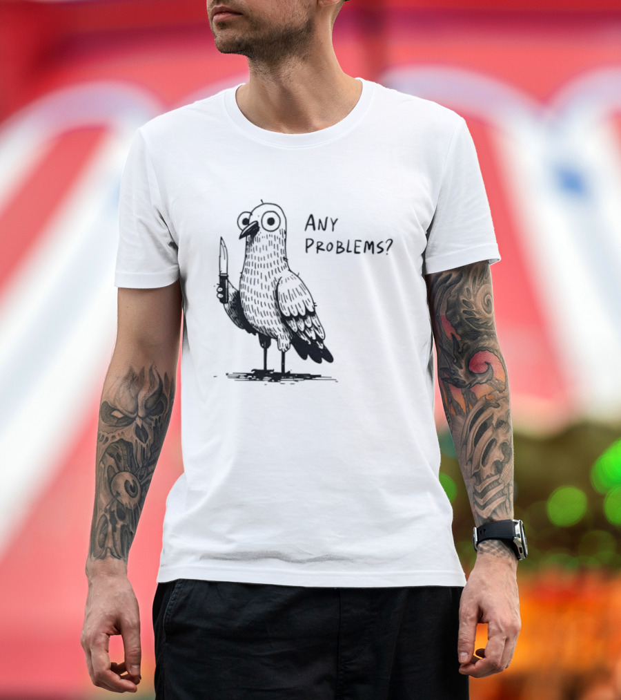 Pigeon With Knife Any Problems Retro Style Black Sketch T-Shirt