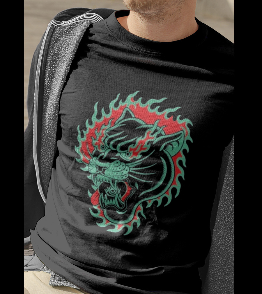 Bad Monday Panther Bite Heavy Flaming Green Red Panther T-Shirt