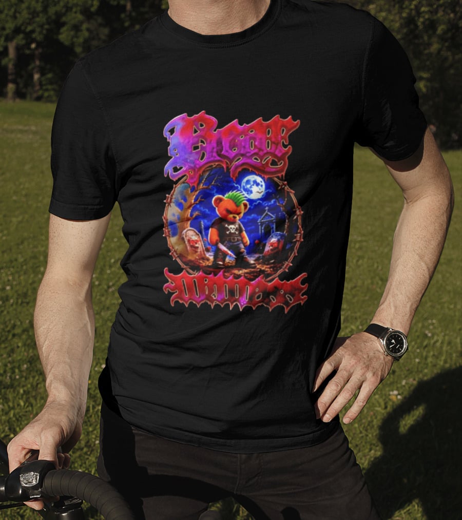 Bear Killers Punk Teddy Bear With Knife And Moonlit Graveyard Scene T-Shirt