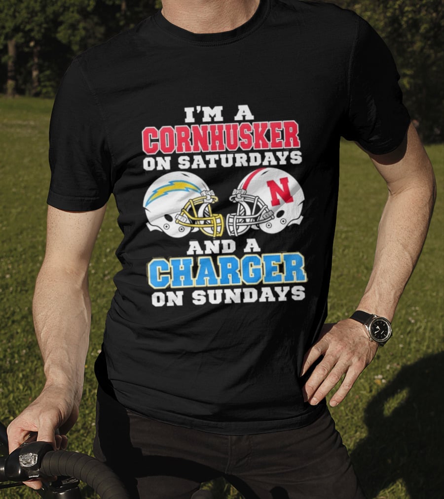 I'm A Cornhusker On Saturdays And A Charger On Sundays Football Fan Football Team Helmets T-Shirt