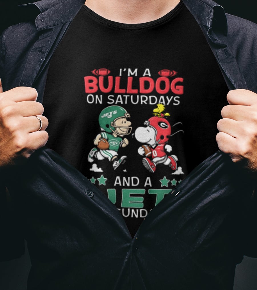 Charlie Brown Snoopy Woodstock I'm A Bulldog On Saturdays And A Jet On Sundays NCAAF NFL T-Shirt