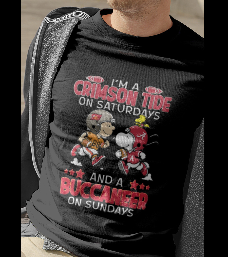 I'm A Crimson Tide On Saturdays And A Buccaneer On Sundays Charlie Brown Snoopy Woodstock T-Shirt