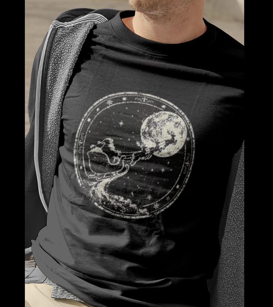 Santa Sleigh Flying Across Moonlit Night Vintage Stamp Christmas T-Shirt