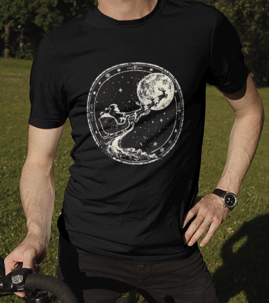 Santa Sleigh Flying Across Moonlit Night Vintage Stamp Christmas T-Shirt
