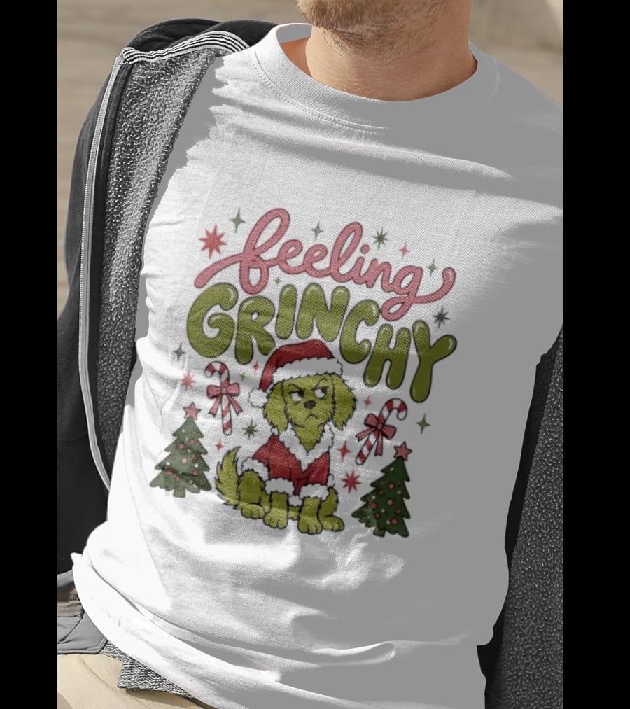 Feeling Grinchy Dog Christmas Santa Hat Candy Canes Trees T-Shirt