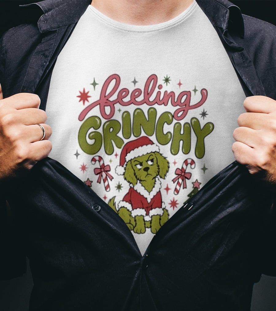 Feeling Grinchy Dog Christmas Santa Hat Candy Canes Trees T-Shirt