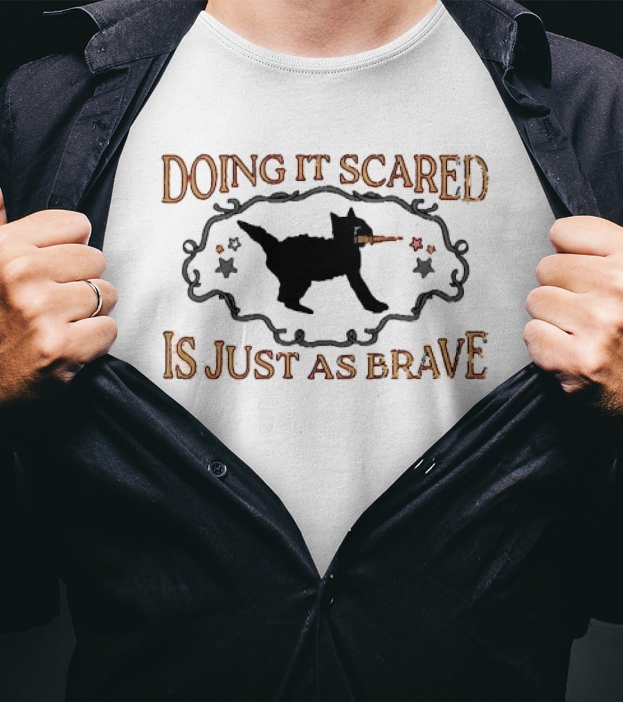 Doing It Scared Is Just As Brave Black Cat Stars Halloween T-Shirt