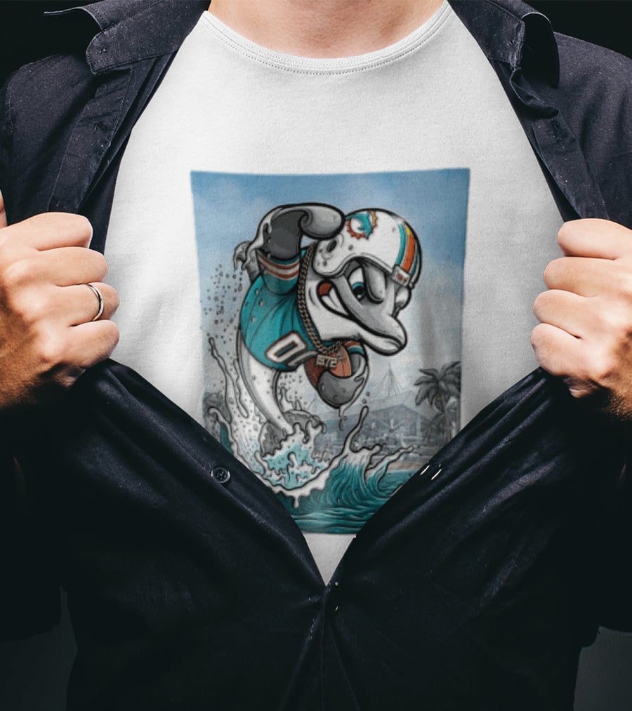 Miami Dolphins Garo Yepremian Fins Up 1972 Cartoon Dolphin Helmet Football T-Shirt
