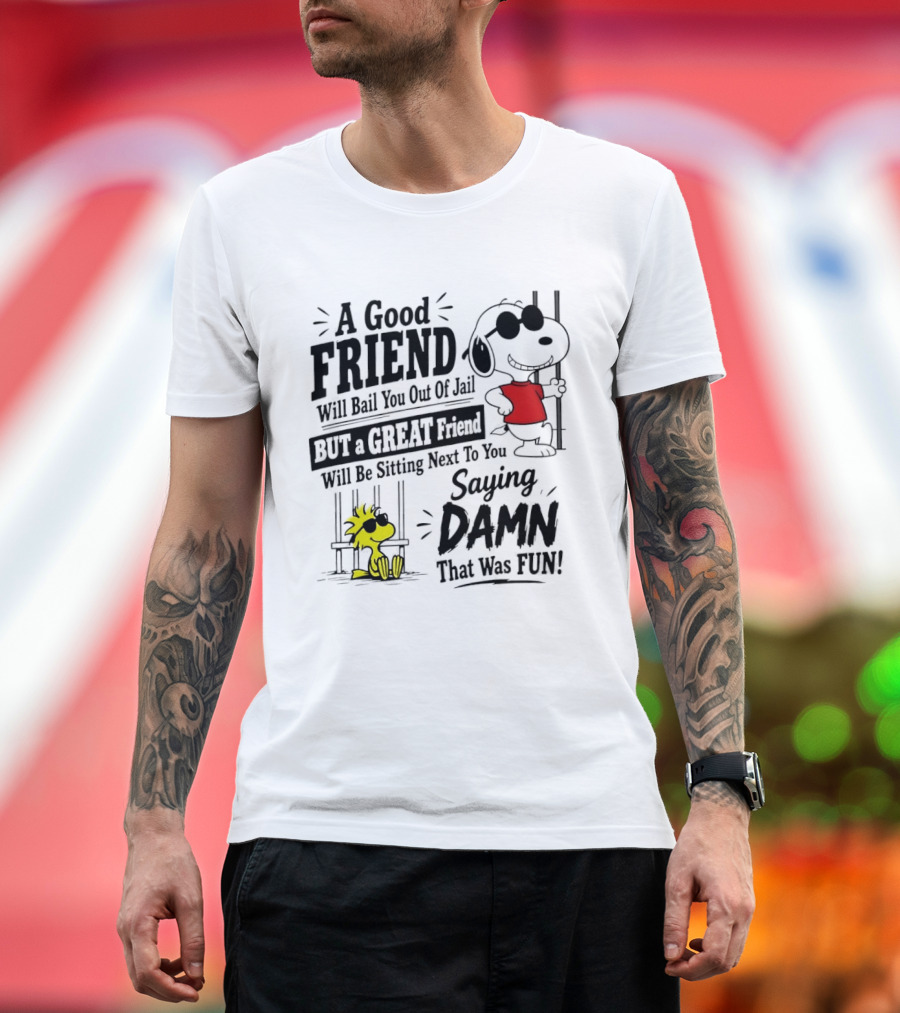 Snoopy And Woodstock A Good Friend Will Bail You Out Of Jail A Great Friend Will Be Sitting Next To You Saying Damn That Was Fun T-Shirt