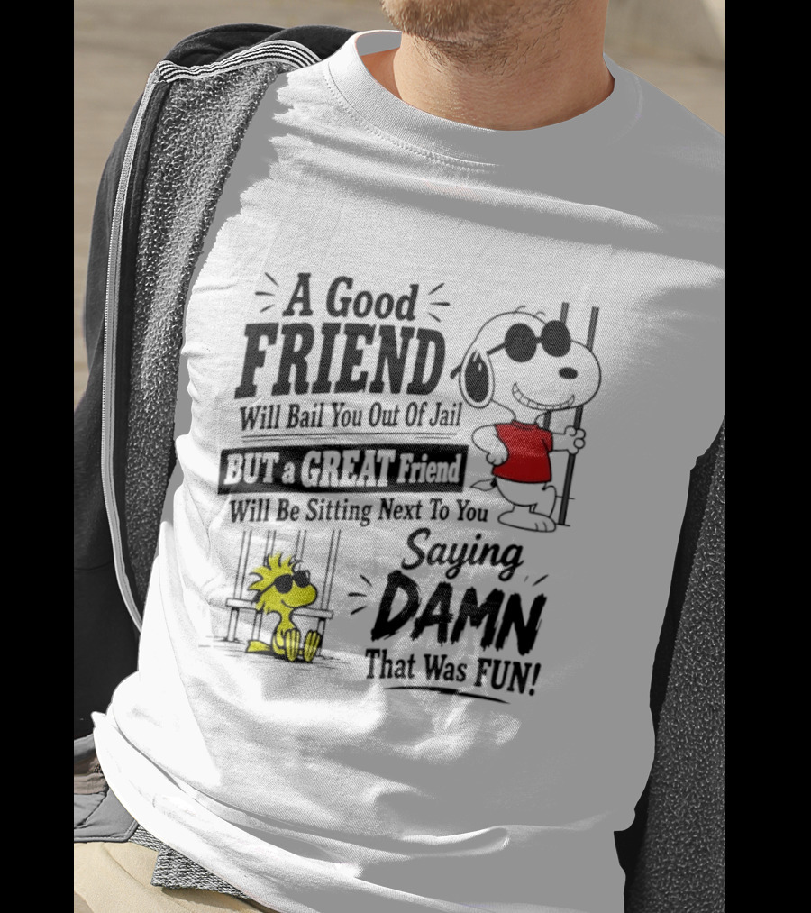 Snoopy And Woodstock A Good Friend Will Bail You Out Of Jail A Great Friend Will Be Sitting Next To You Saying Damn That Was Fun T-Shirt