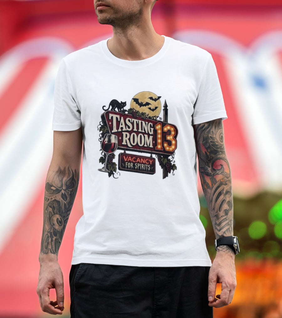 Tasting Room 13 Vacancy For Spirits Halloween Wine Moon Bats Cat T-Shirt