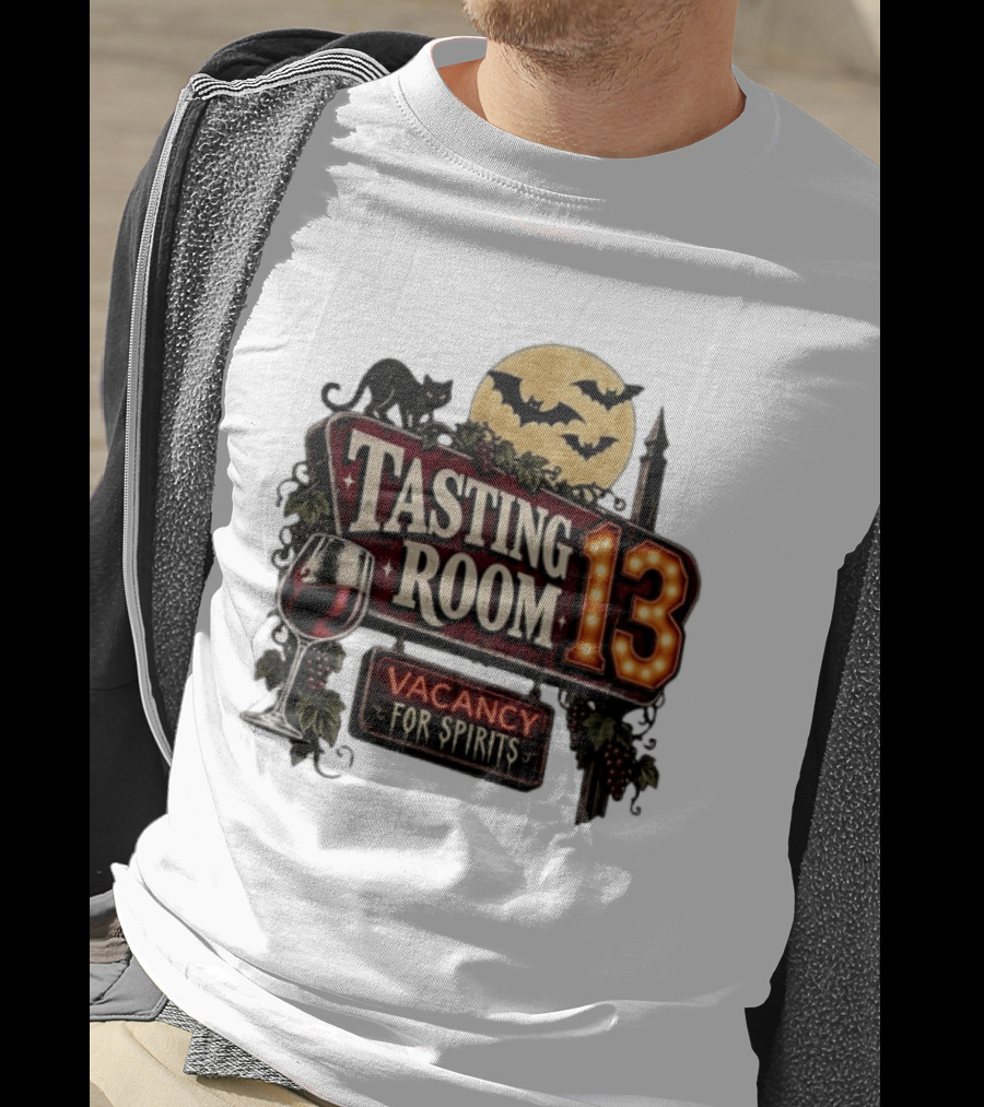 Tasting Room 13 Vacancy For Spirits Halloween Wine Moon Bats Cat T-Shirt