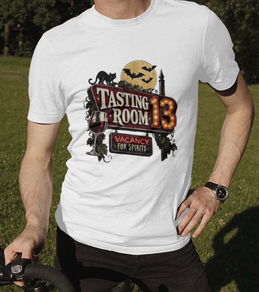 Tasting Room 13 Vacancy For Spirits Halloween Wine Moon Bats Cat T-Shirt