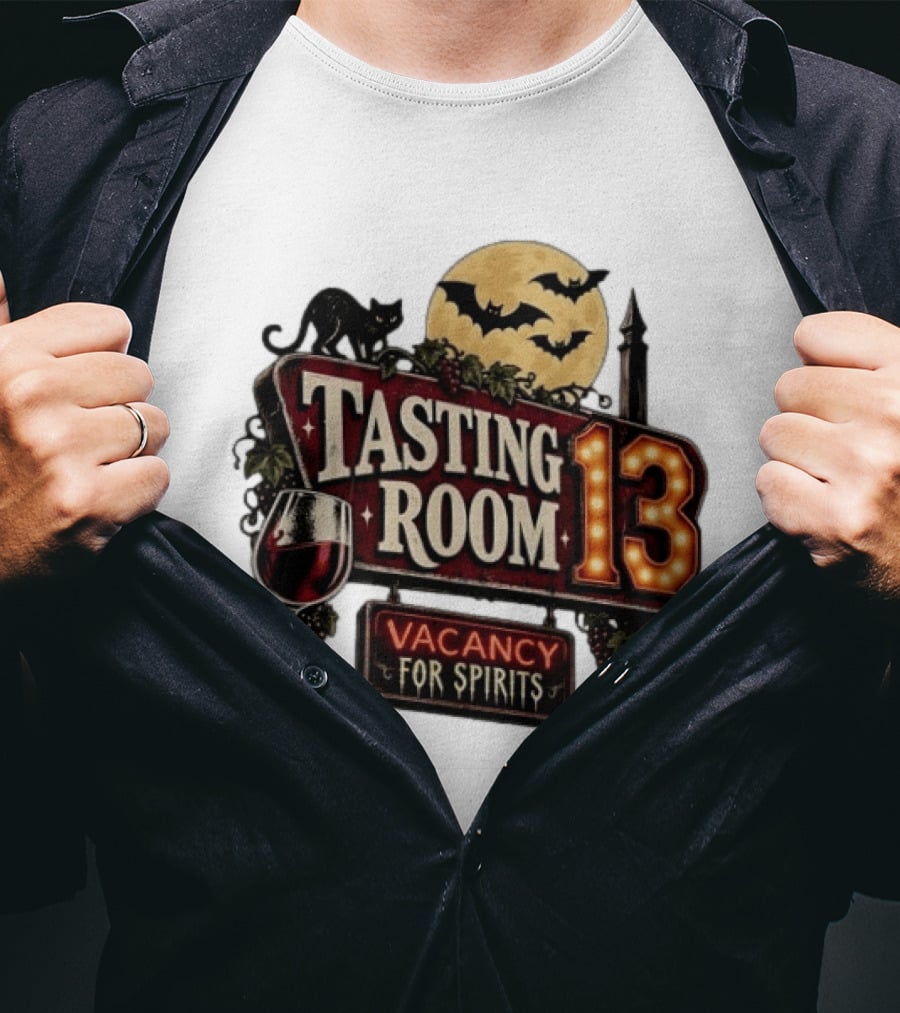 Tasting Room 13 Vacancy For Spirits Halloween Wine Moon Bats Cat T-Shirt