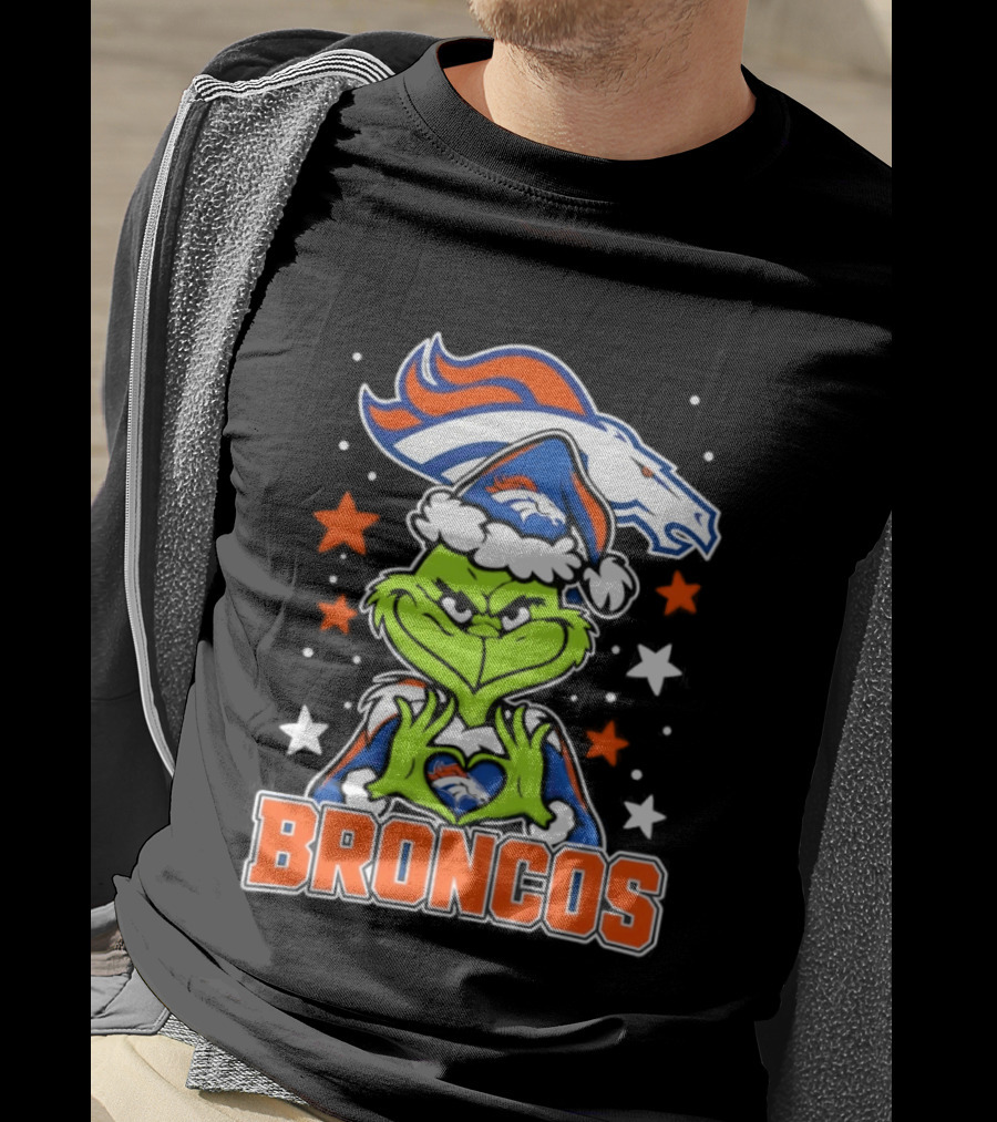 Broncos Christmas Grinch Heart Hands Love Denver Football T-Shirt