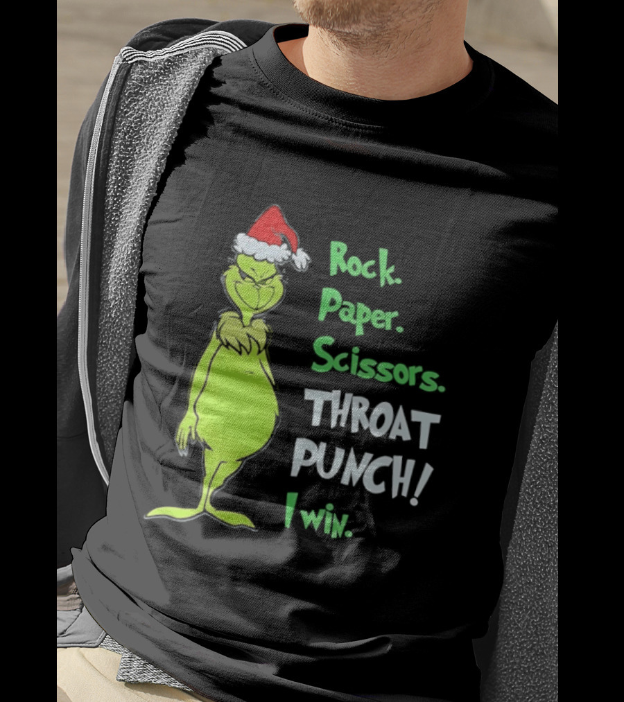 Rock Paper Scissors Throat Punch I Win Grinch With Santa Hat T-Shirt