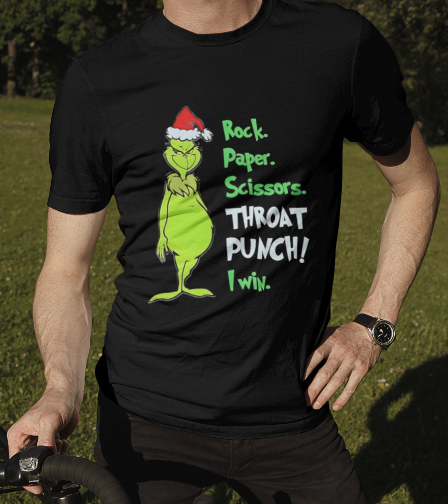 Rock Paper Scissors Throat Punch I Win Grinch With Santa Hat T-Shirt