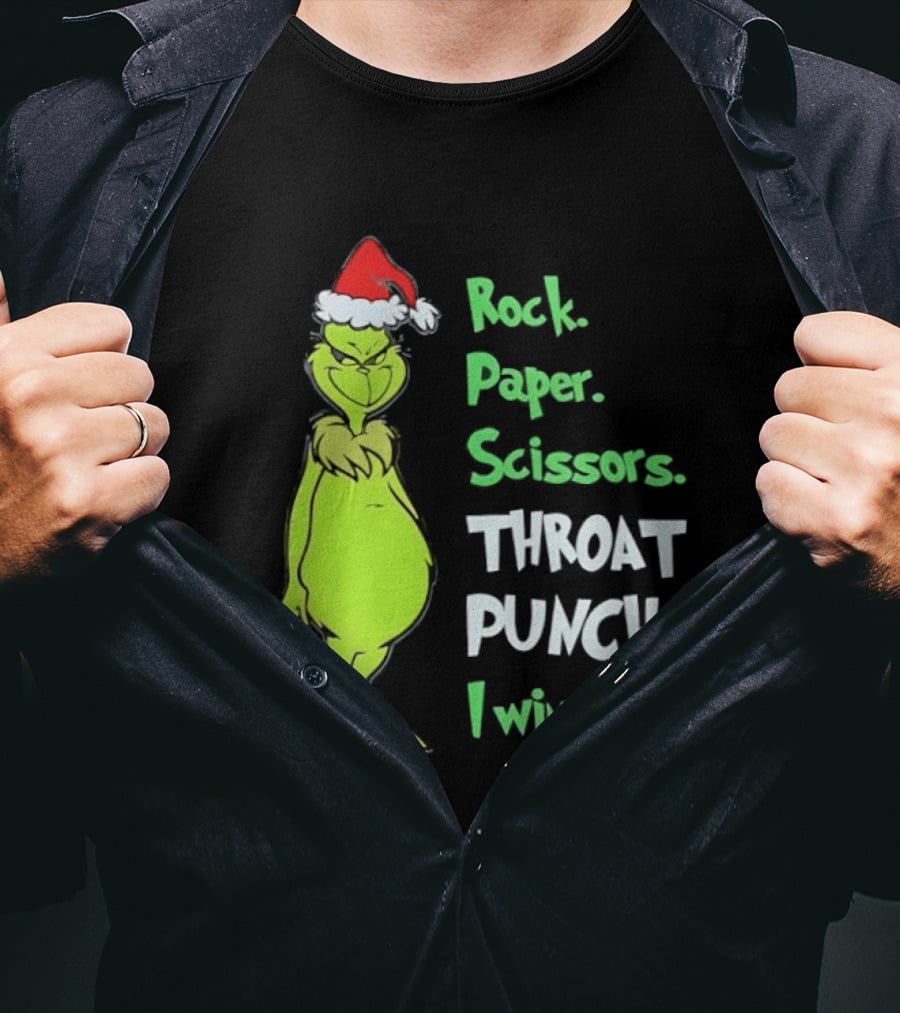 Rock Paper Scissors Throat Punch I Win Grinch With Santa Hat T-Shirt