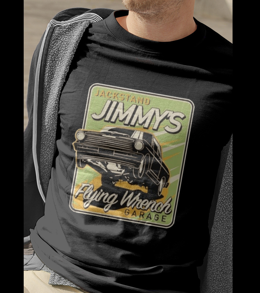 Jackstand Jimmy's Flying Wrench Garage Vintage Hot Rod Art Cleetus McFarland T-Shirt