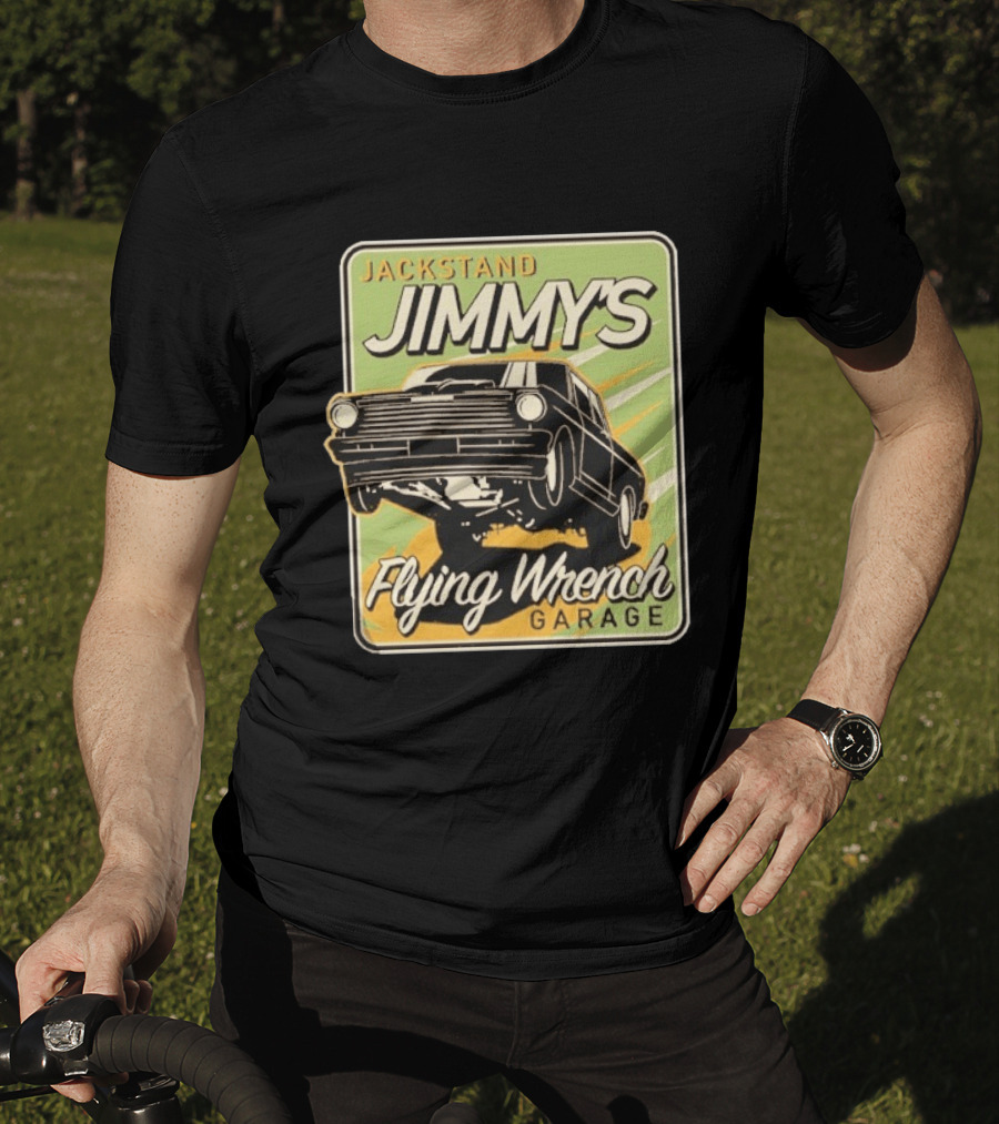 Jackstand Jimmy's Flying Wrench Garage Vintage Hot Rod Art Cleetus McFarland T-Shirt