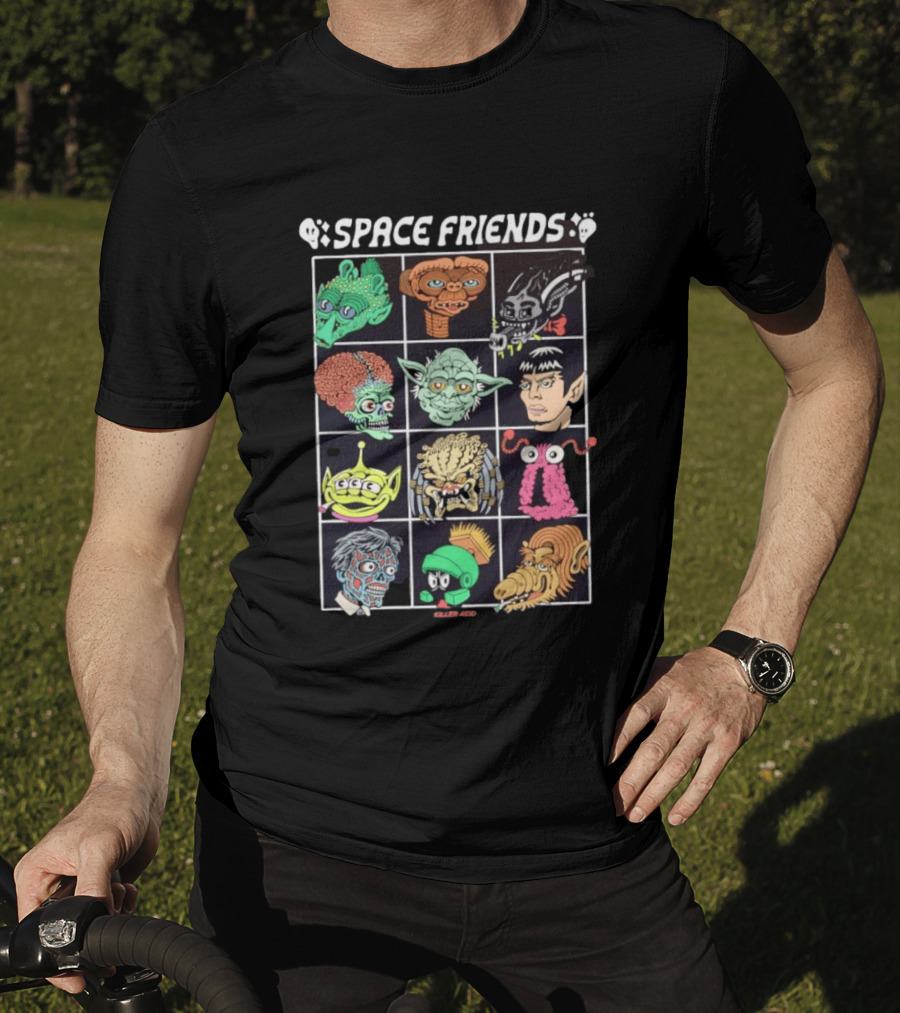 Space Friends Killer Acid Sci Fi Collage Alien Monster Characters T-Shirt