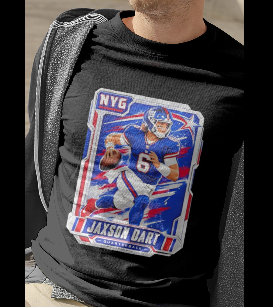 NYG Jaxson Dart 2026 Trading Card Blue Jersey Quarterback T-Shirt