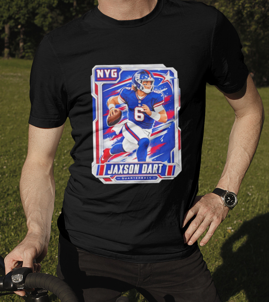 NYG Jaxson Dart 2026 Trading Card Blue Jersey Quarterback T-Shirt